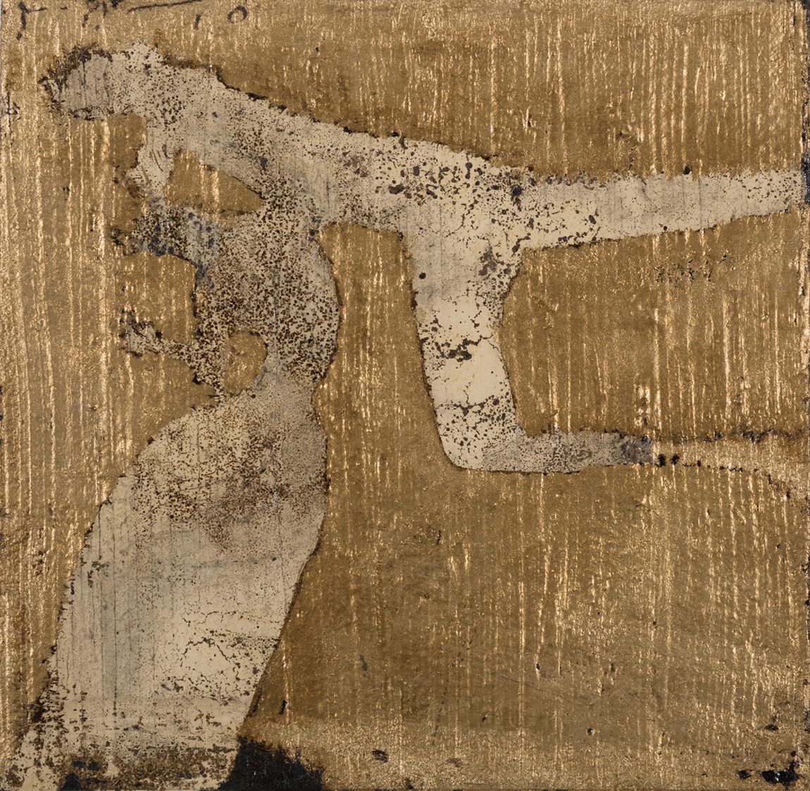 Reza DERAKSHANI (né en 1952) * 《黄金海岸线》，2010年
焦油、油和银色颜料在帆布上
左上角有铭文
30 x 30 cm - 1&hellip;