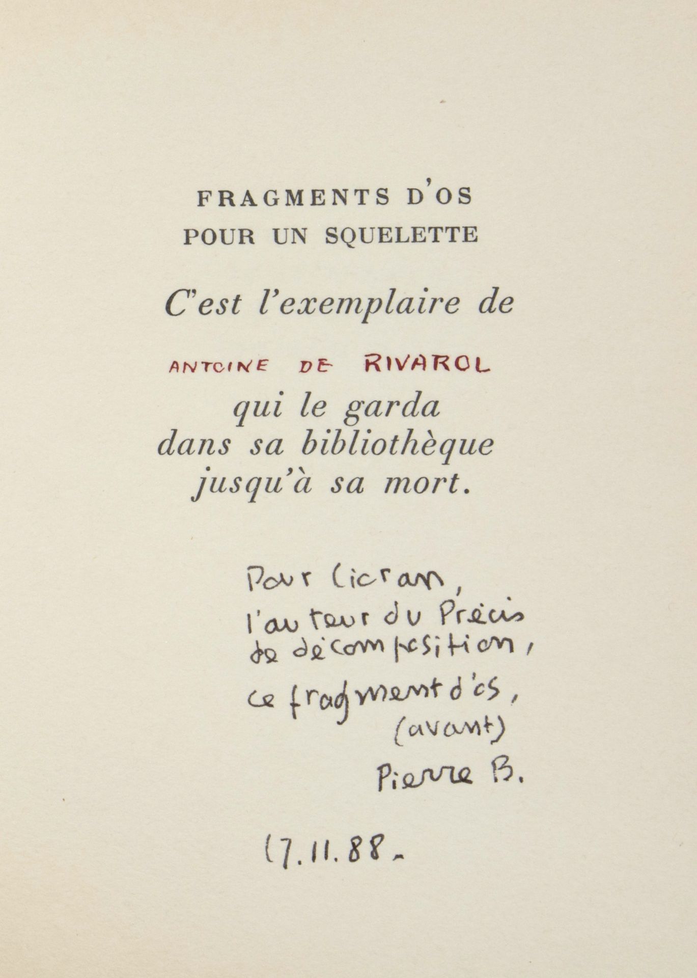 BETTENCOURT Pierre. 骷髅的骨头碎片，不能放在所有的人手里。[Bettencourt]。8开本，平装本。
第一版，限量40册，封面由作者抠图，&hellip;