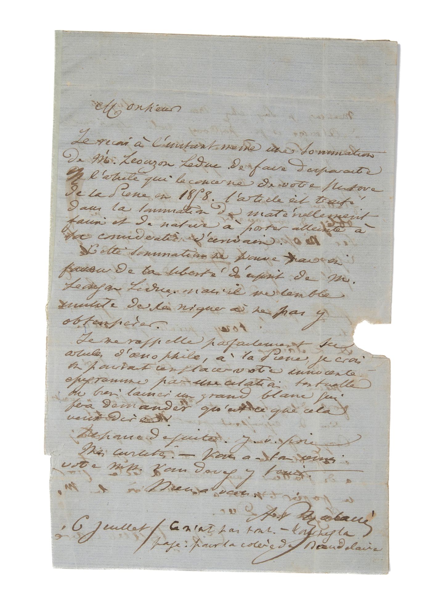 BAUDELAIRE Charles - POULET-MALASSIS Auguste. Carta autógrafa firmada por ambos &hellip;