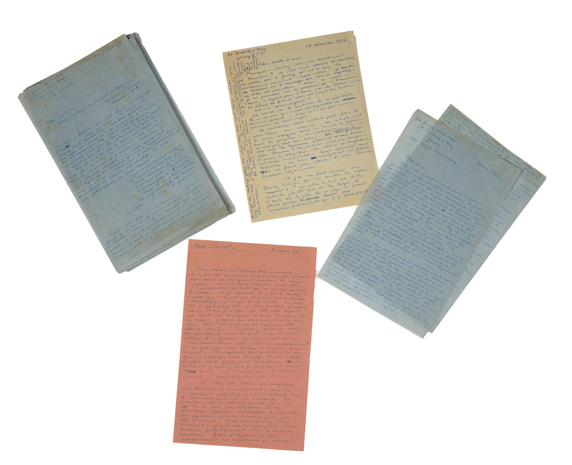CAHUN Claude. 5 cartas autógrafas en 8 dirigidas al Dr. Ferdière, 1946.
"La BBC &hellip;