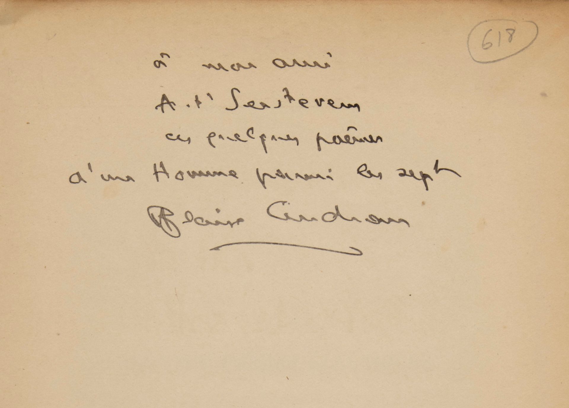 CENDRARS Blaise. 十九首弹性诗。巴黎，Au sans pareil, 1919。8开本，平装本。
原版
亲笔签名信："给我的朋友A.T'Sers&hellip;