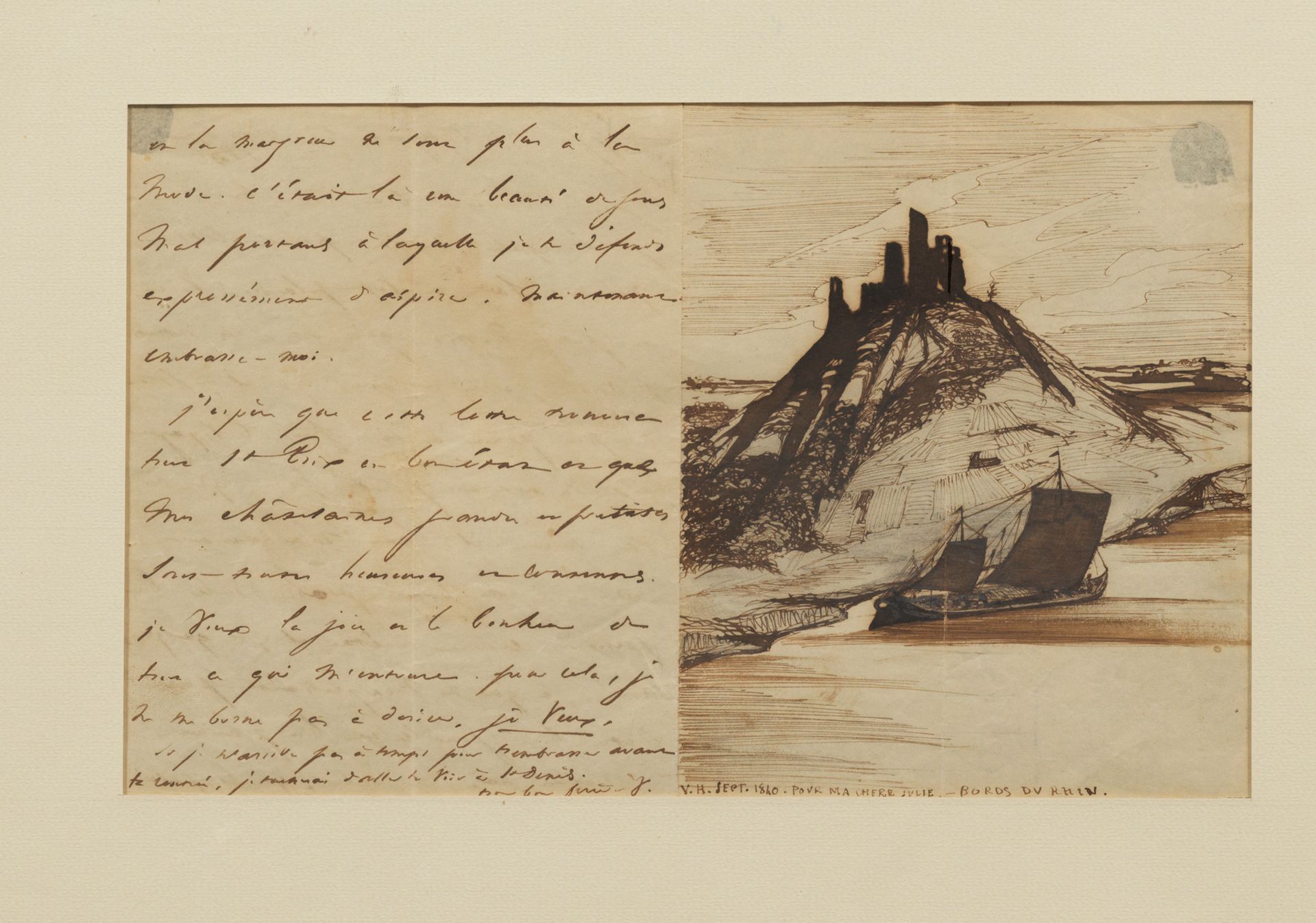 HUGO Victor. 1840年9月给朱莉-富歇的亲笔信及原画，13.5 x 12厘米，已装裱。
维克多-雨果写给他妻子阿黛尔的妹妹朱莉-富歇的亲笔信，并附&hellip;