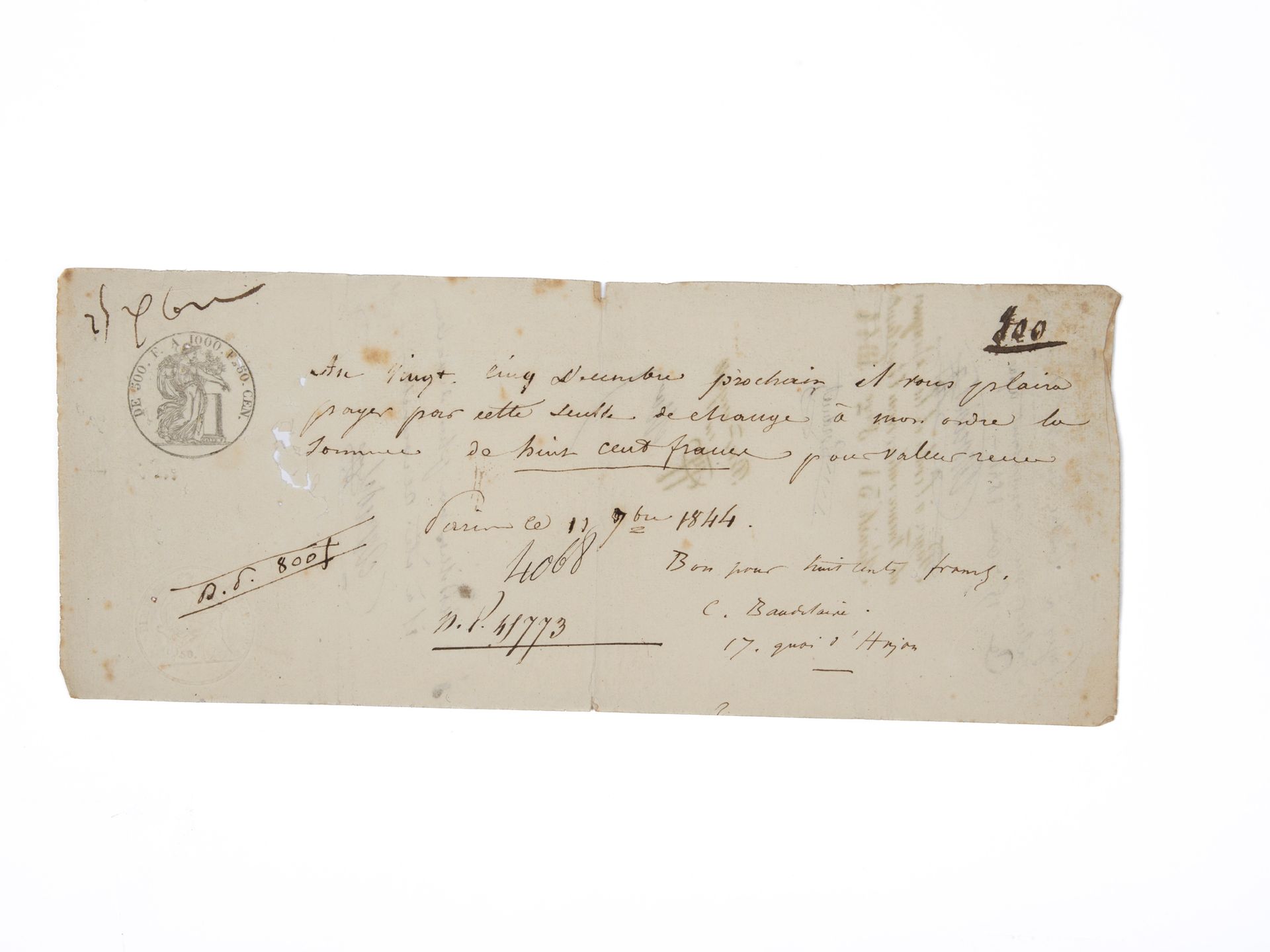 BAUDELAIRE Charles. Pagaré firmado. París, 11 de septiembre de 1844. 9,5 x 24,5 &hellip;