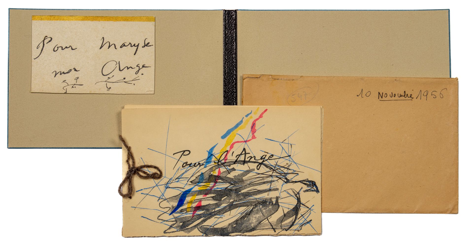 CHAR René. 为了天使，1956年。16英寸长方形，滑套。
为玛丽斯-拉丰签名的独特书籍，日期为1956年11月10日。
勒内-查尔在一张小卡片上的献词&hellip;