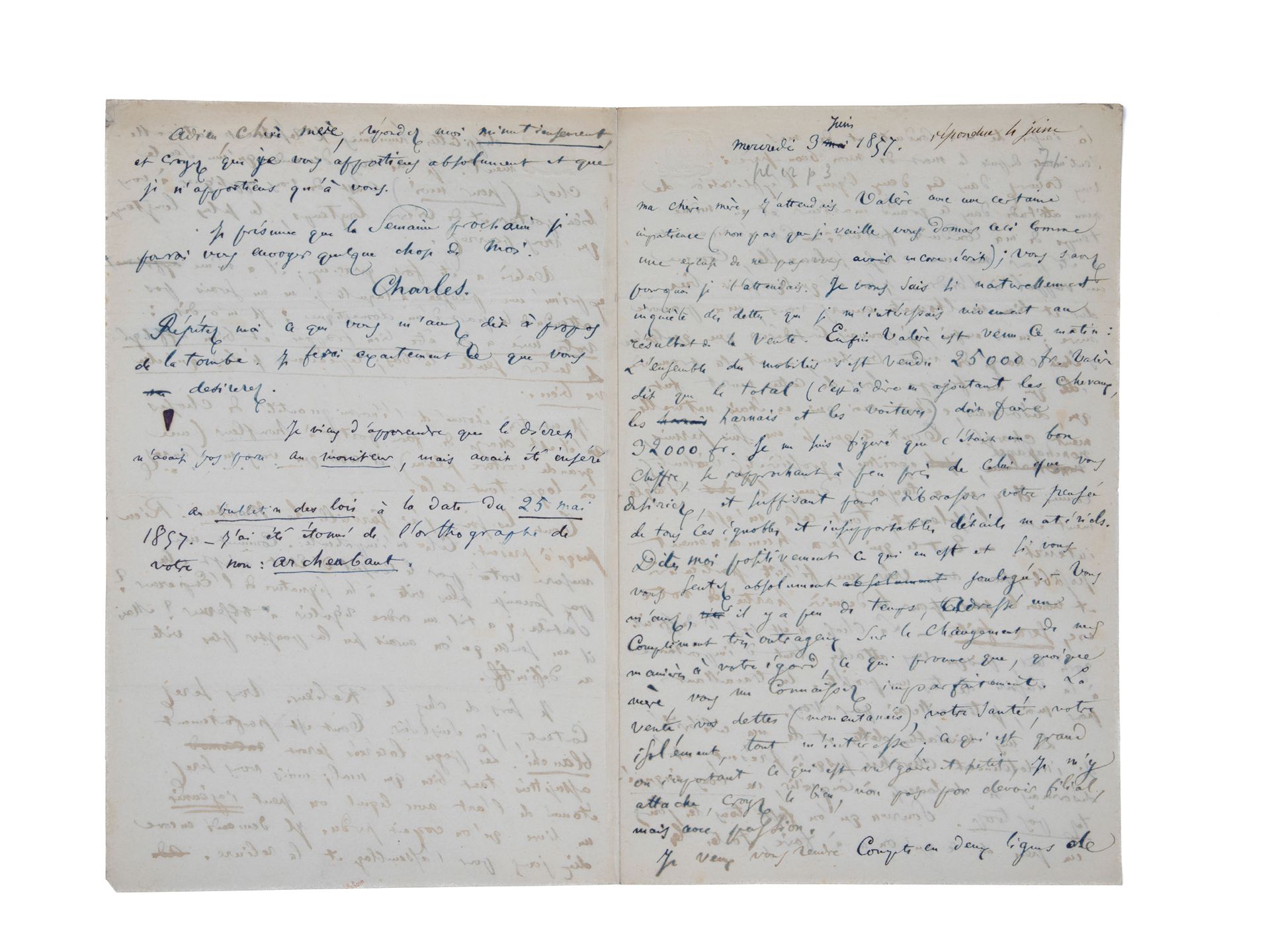 BAUDELAIRE Charles. 签署给他母亲的亲笔信。1857年6月3日，4页，8开。
在《恶之花》出版的那一年，由查尔斯签署的信，说明了与他母亲之间经&hellip;