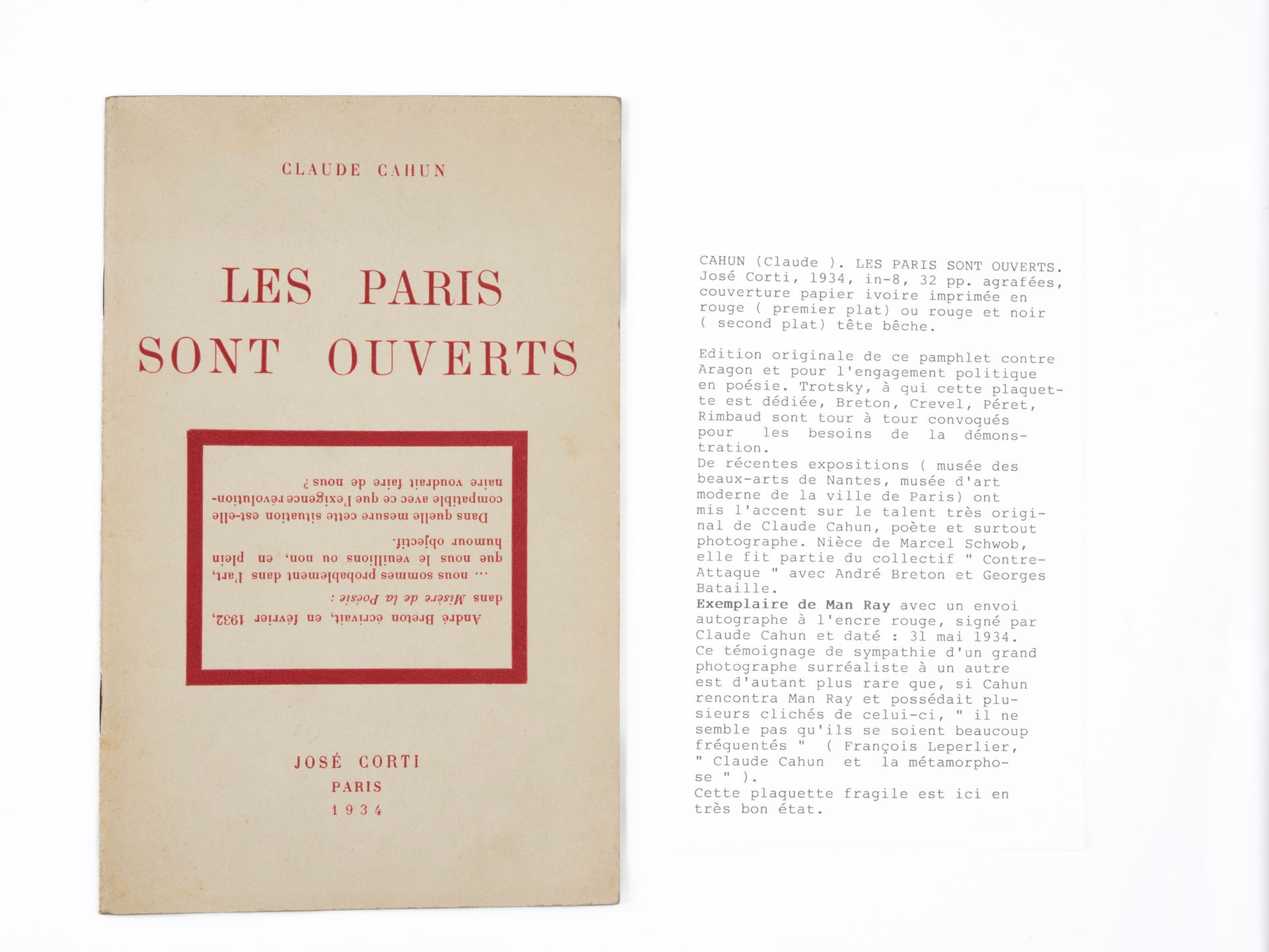 CAHUN Claude. Les Paris sont Ouverts. Corti, 1934, In-8, agrafé, couverture impr&hellip;