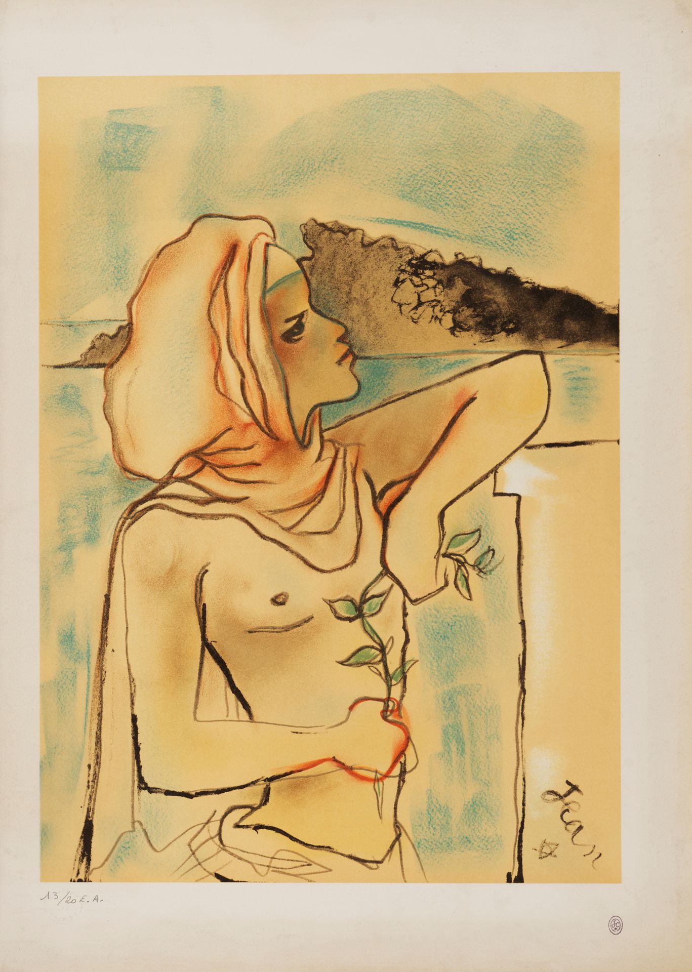 D'après Jean COCTEAU (1889-1963) LE CHEVALIER
彩色石板画
版面上有签名 "Jean"
艺术家的样张，有签名，注有 &hellip;