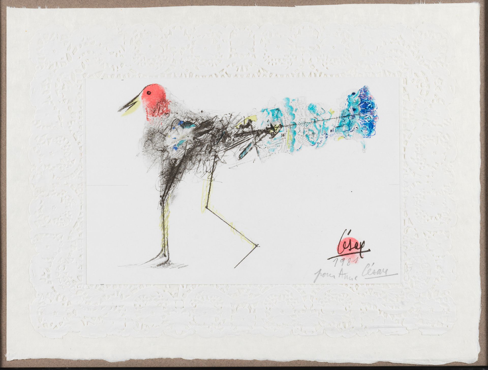 César (1921-1998) POULETTE, 1981
彩色胶印石版画，用铅笔签名并题词，纸上为百合花形式
25 x 34 cm
