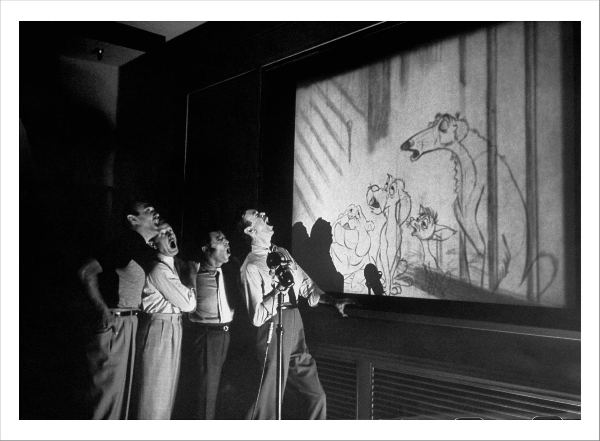 Disney artists work on the voices for the cartoon 'Beauty and the Tramp.  Burbank, California, United States of America, 1953 Image size: 46 × 60 cm  - Finished size: 57 × 77