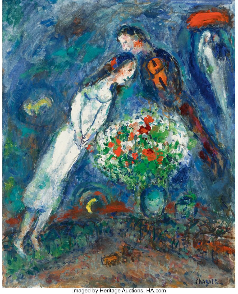 Marc Chagall (French/Russian, 1887-1985) Rencontre dans le ciel, circa 1980 Oil &hellip;