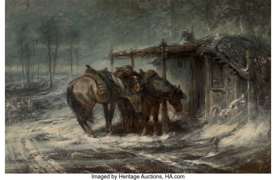 Adolf Schreyer (German, 1828-1899) Wallachian blizzard Oil on canvas 45-1/4 x 68&hellip;