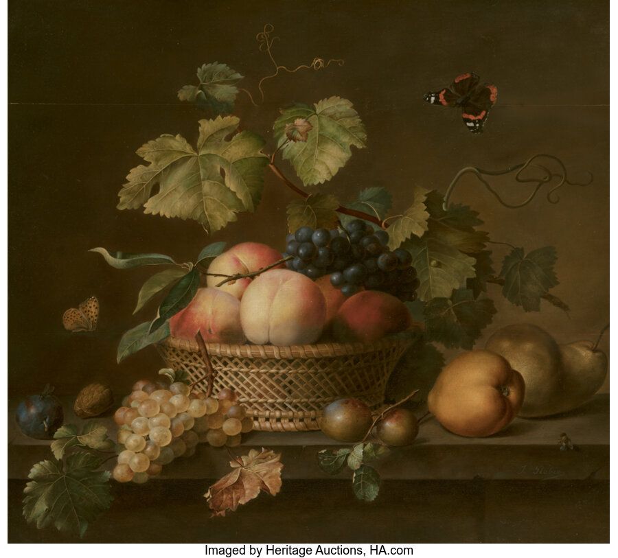 Jean Baptiste Robie (Belgian, 1821-1910) Still life with basket of fruit Oil on &hellip;