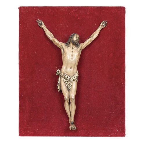 Null Christ crucifié. Sculpture en bois sculpté et polychrome, sur fond de velou&hellip;