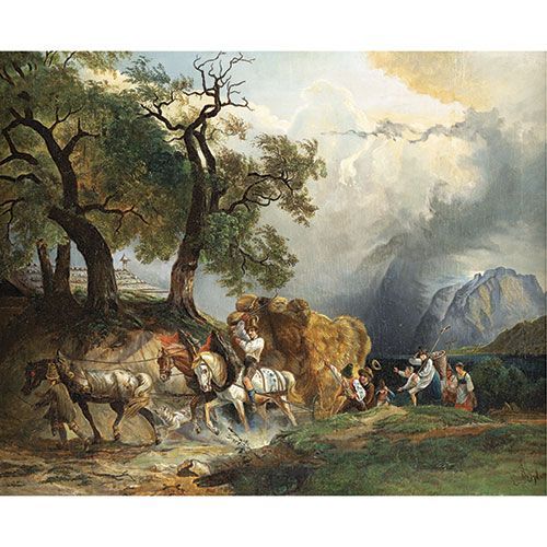 ESCUELA CENTROEUROPEA, S.XIX Cavaliers avec meule de paille dans un paysage de m&hellip;