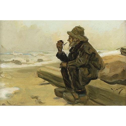 DIONIS BAIXERAS (Barcelona, 1862-1943) Vieil homme assis au bord de la mer . Hui&hellip;