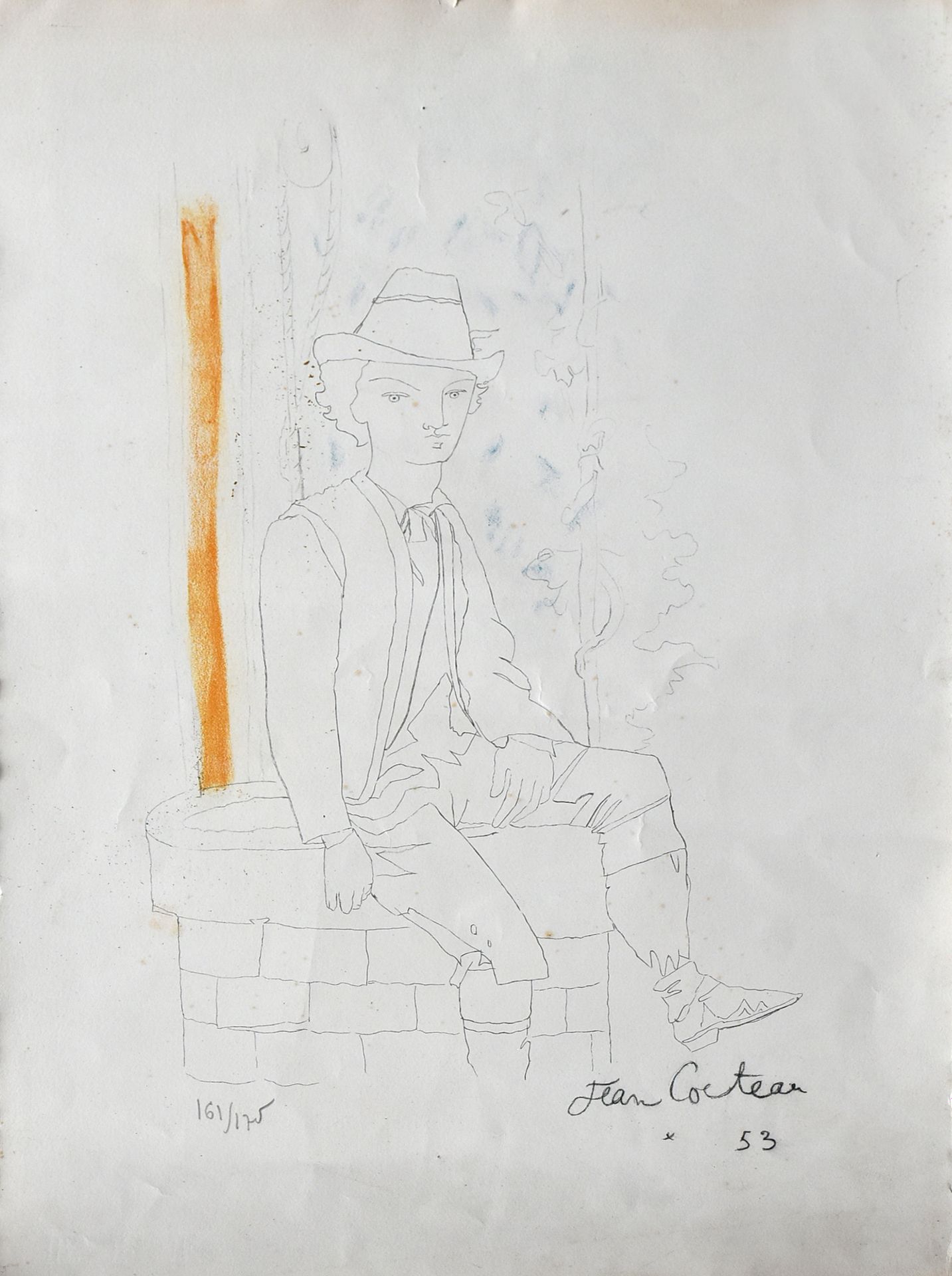 Jean COCTEAU (Maisons-Laffitte 1889 - Milly-la-Forêt 1963) 坐着的年轻男子
右下角有签名和日期的彩色石&hellip;