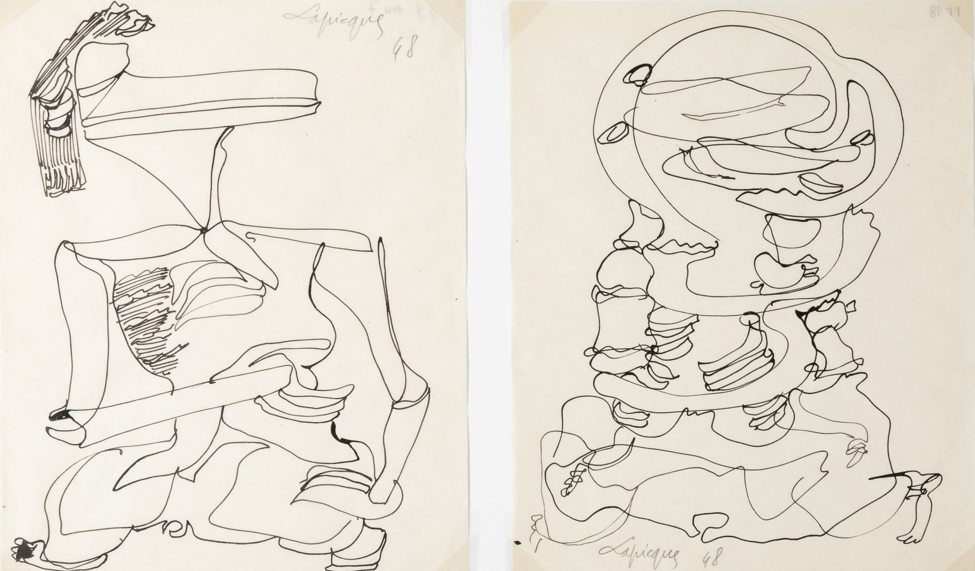 Null 查尔斯-拉皮克（法国，1898-1988年） 《两个数字III》，1948年 纸上水墨画，铅笔签名并注明日期。 高27，宽21厘米。一起在一个双窗pa&hellip;