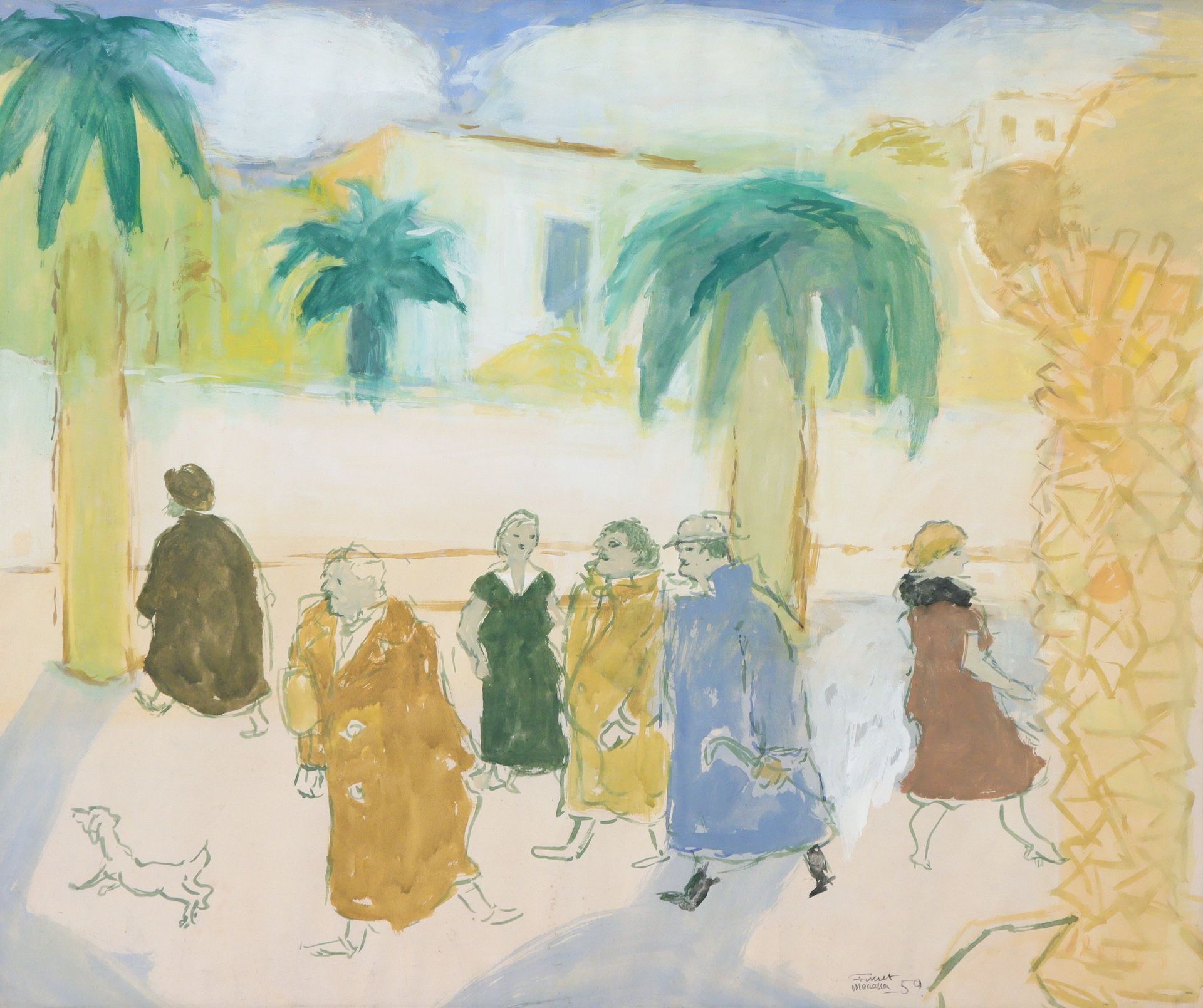Null Fikret Saygi Moualla (土耳其, 1903-1967) Promenade à Cannes, 1959 纸上水粉画，右下角有签名&hellip;