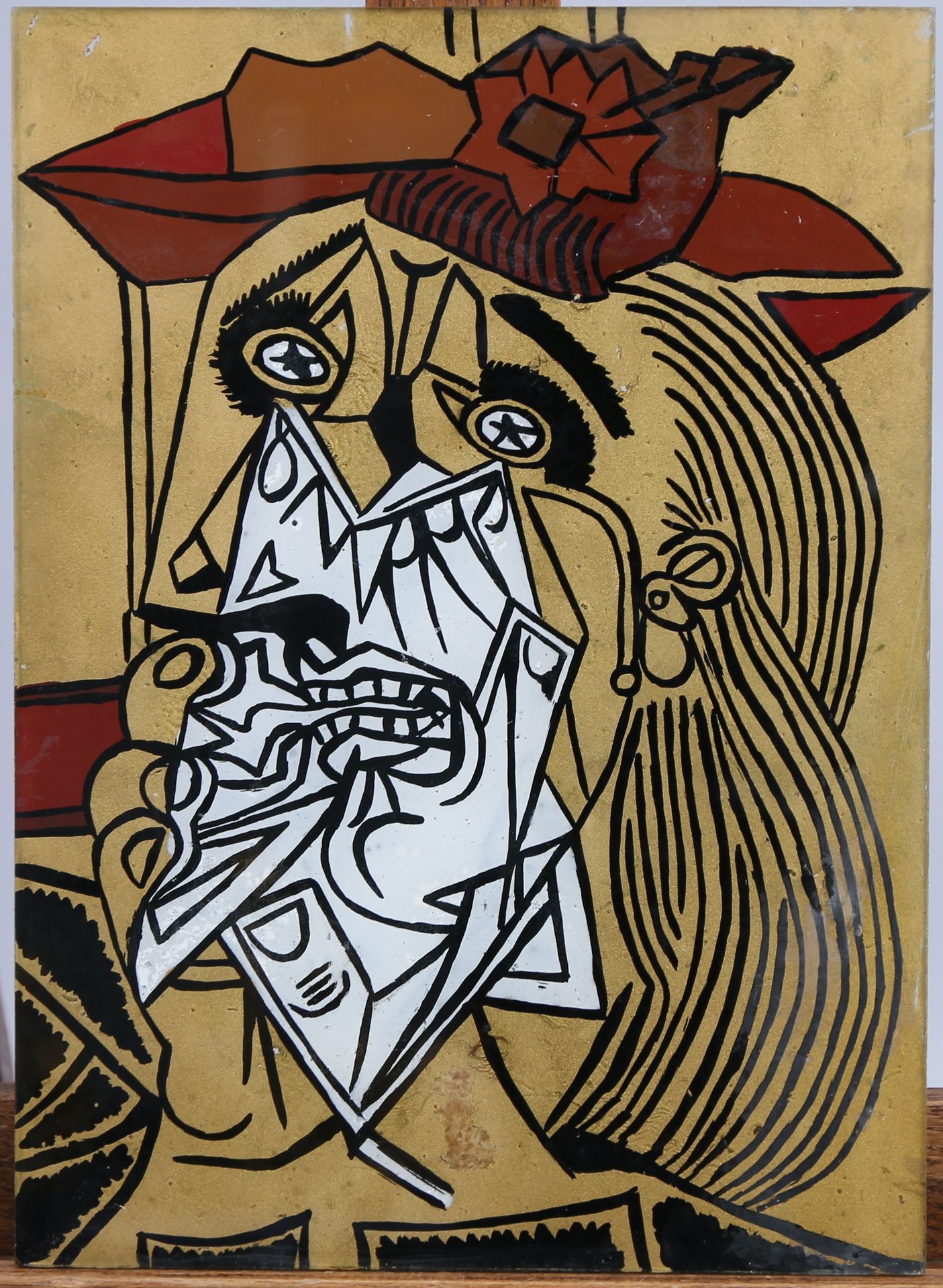 Null 根据巴勃罗-毕加索（西班牙，1881-1973）的作品《哭泣的女人》，在玻璃下固定，金色背景。根据伦敦泰特现代美术馆收藏的毕加索1937年的画作（T0&hellip;