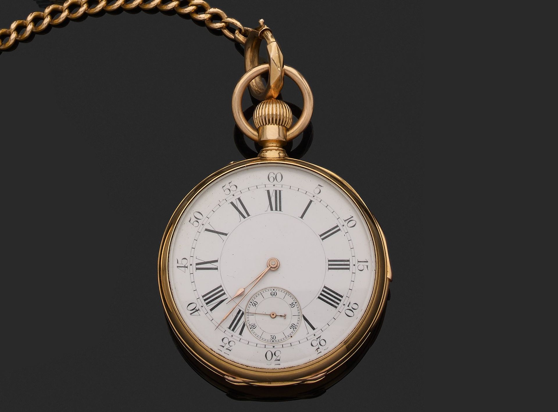 Null Pocket watch 

in 750 thousandths yellow gold, plain back, white enamelled &hellip;