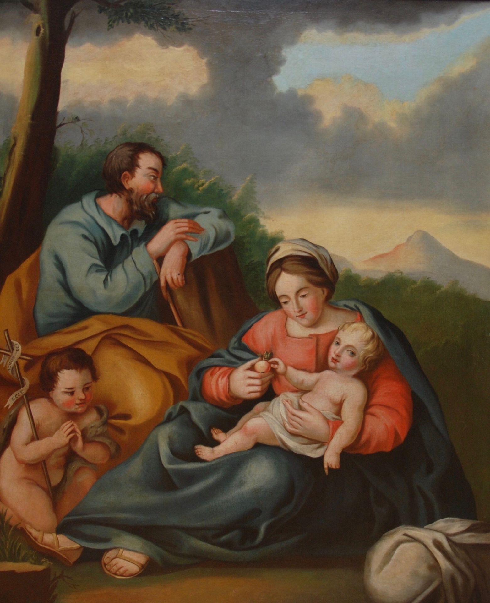 Olio su tela raff. Sacra famiglia con San 布面油画圣家族与圣约翰，18世纪
尺寸：104.5x126厘米