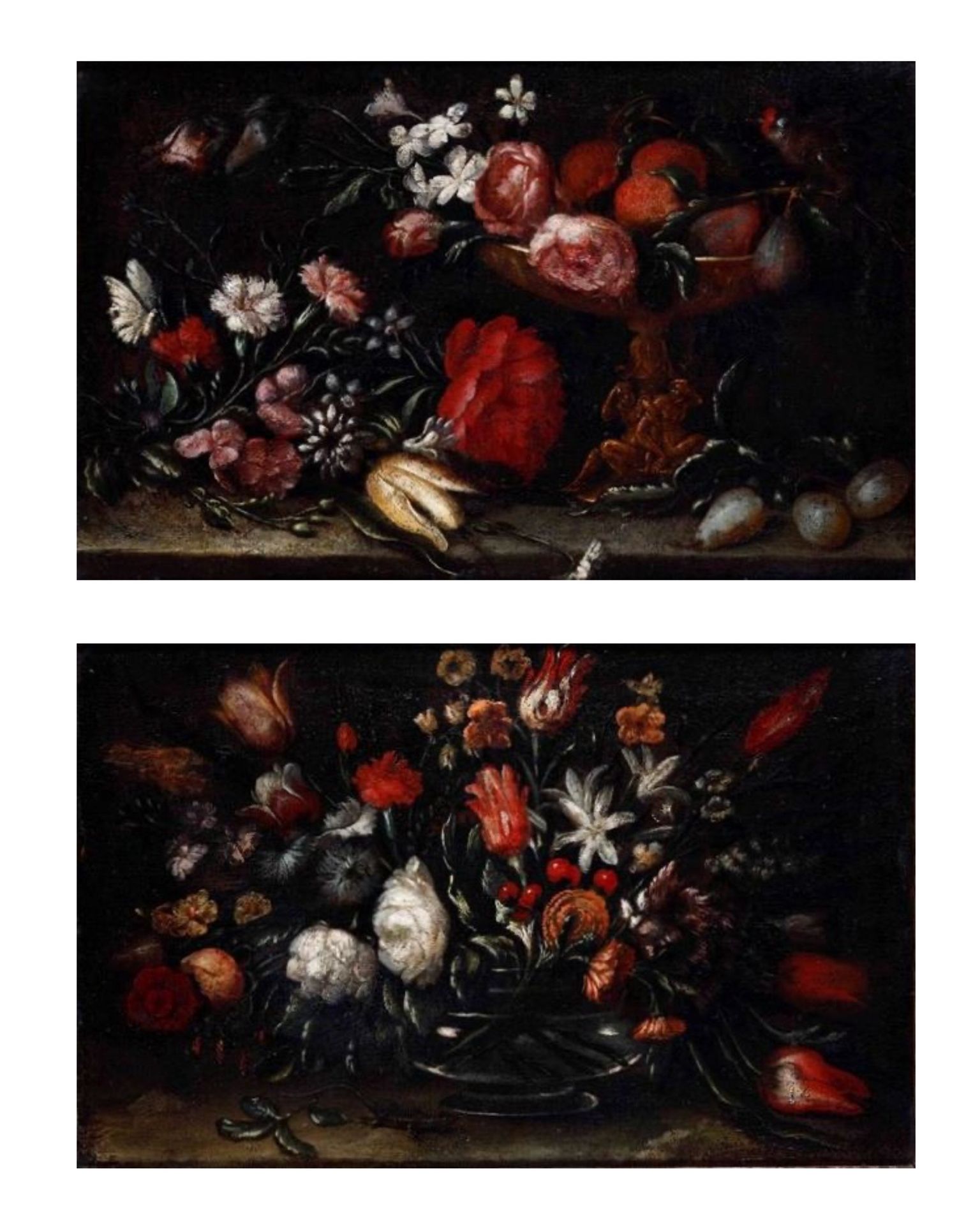 Coppia di olii su tela raff.Nature morte con 描绘花卉和水果静物的一对布面油画 18世纪
尺寸：cm 33x54