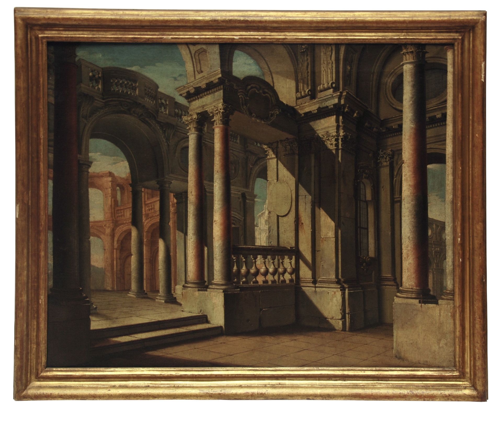 Scuola italiana, olio su tela raff.Architetture, 意大利学校，有建筑图案的布面油画，17世纪末18世纪初
尺寸：&hellip;