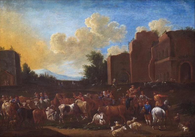 Olio su tela raff.Paesaggio con 描绘有动物、人物和废墟的风景的布面油画，17世纪
尺寸：120x85厘米