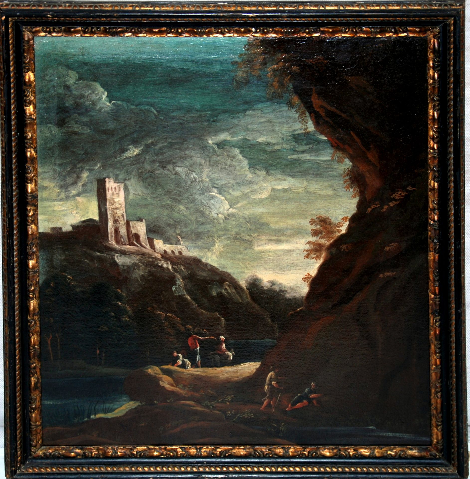 Scuola veneta, olio su tela raff.Paesaggio con 威尼斯学校，布面油画，有城堡和人物的风景，18世纪
尺寸：64.5&hellip;