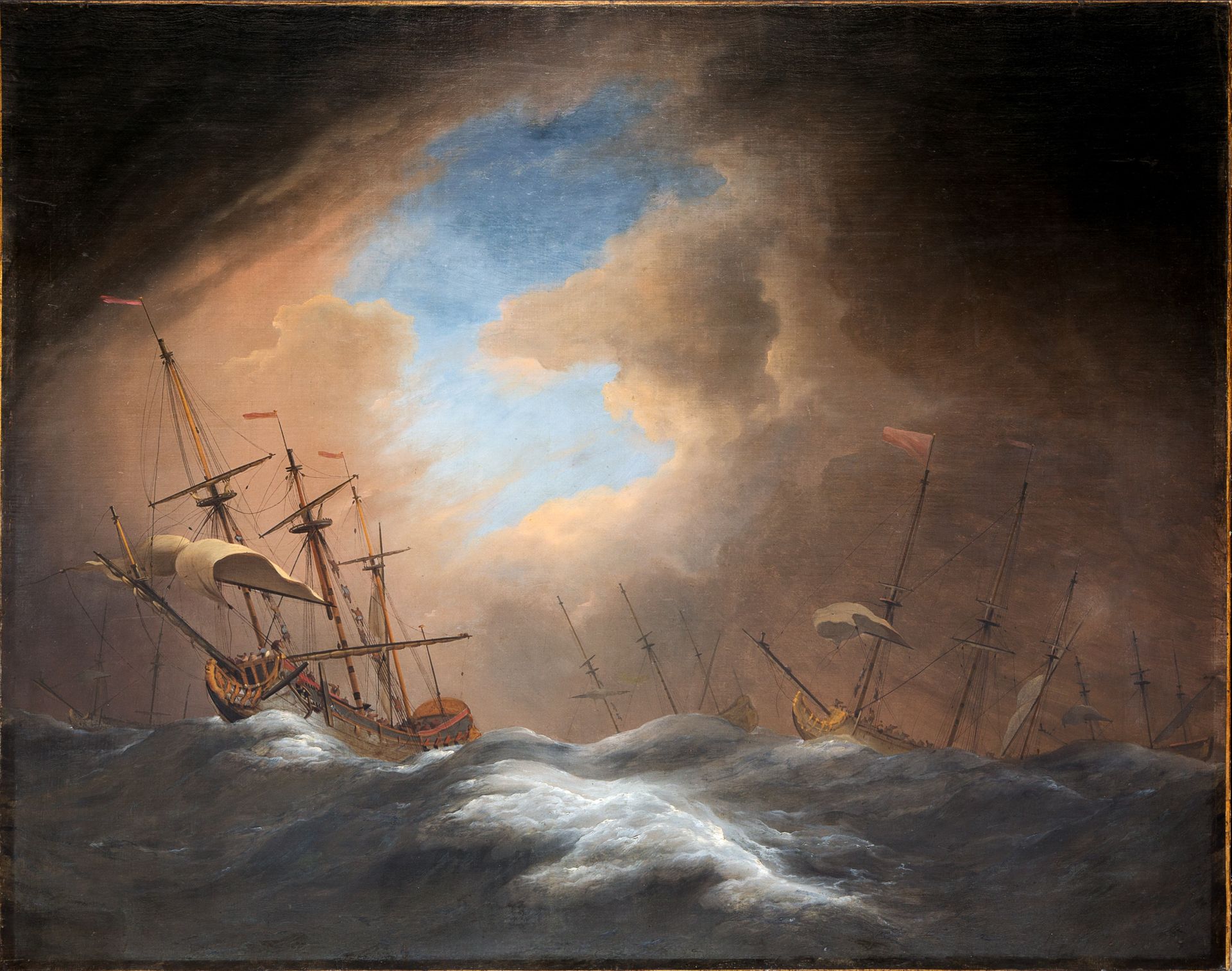 Olio su tela raff.Marina con velieri, sec. 描绘海军与帆船的布面油画，17世纪
尺寸：116x151.5厘米