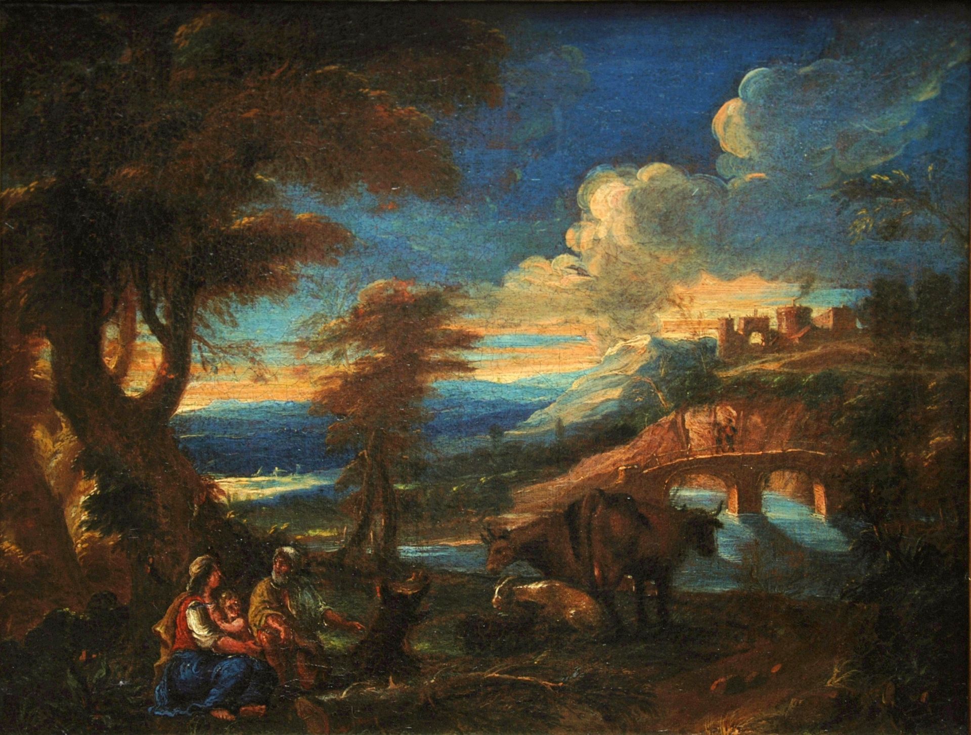 Olio su tela raff. "Riposo durante la fuga in Oil on canvas depicting "Rest duri&hellip;