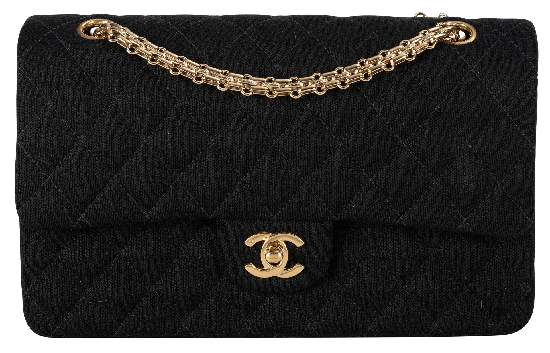 Null Chanel, sac 2.55 en jersey noir matelassé, double rabat, bandoulière chaîne&hellip;