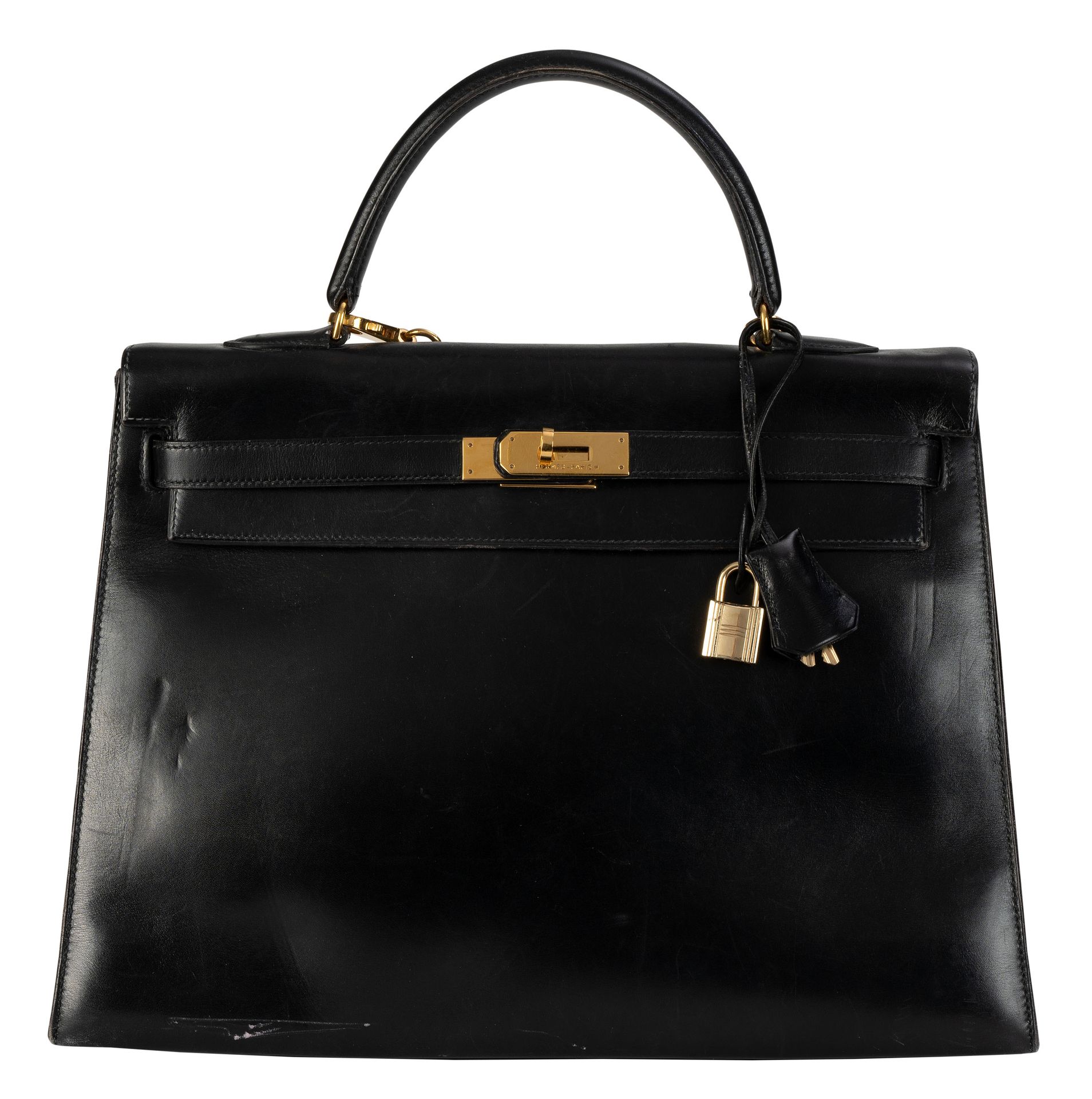 Null Hermès, sac Kelly 35 sellier en cuir Box noir, année 1991, bouclerie plaqué&hellip;