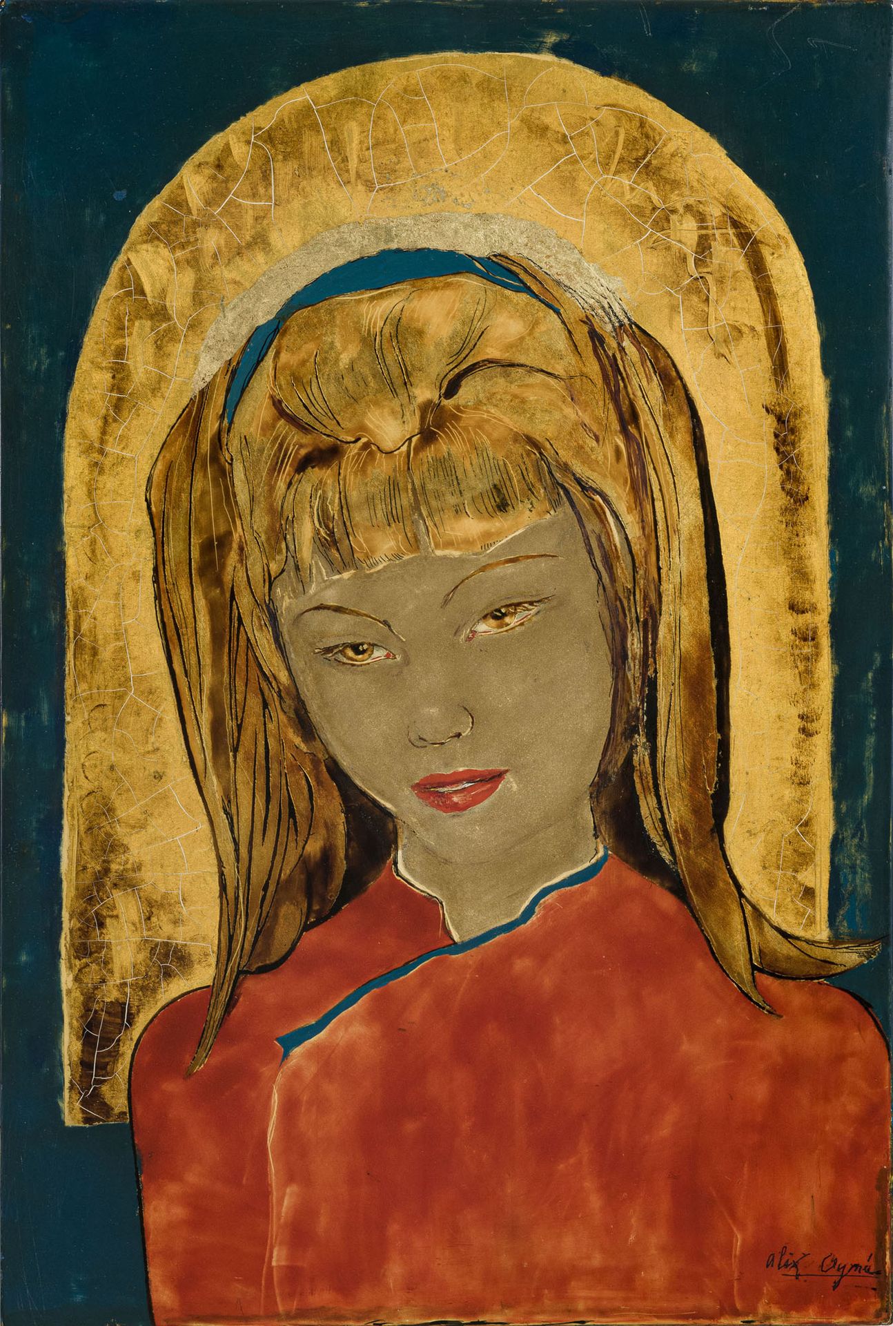 Null Alix Aymé (1894-1989), "Portrait de jeune fille", laque et or sur panneau, &hellip;