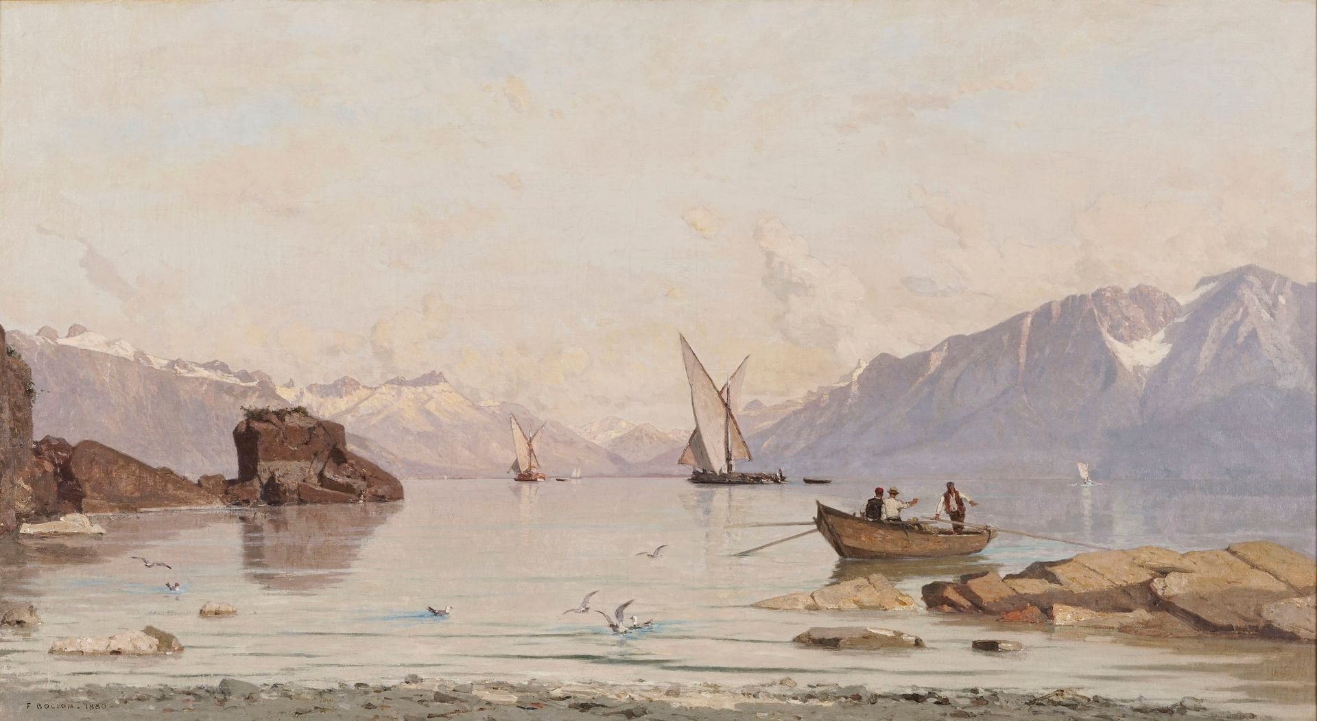 Null François Bocion (1828-1890), "Le lac à Rivaz", 1880, huile sur toile, signé&hellip;