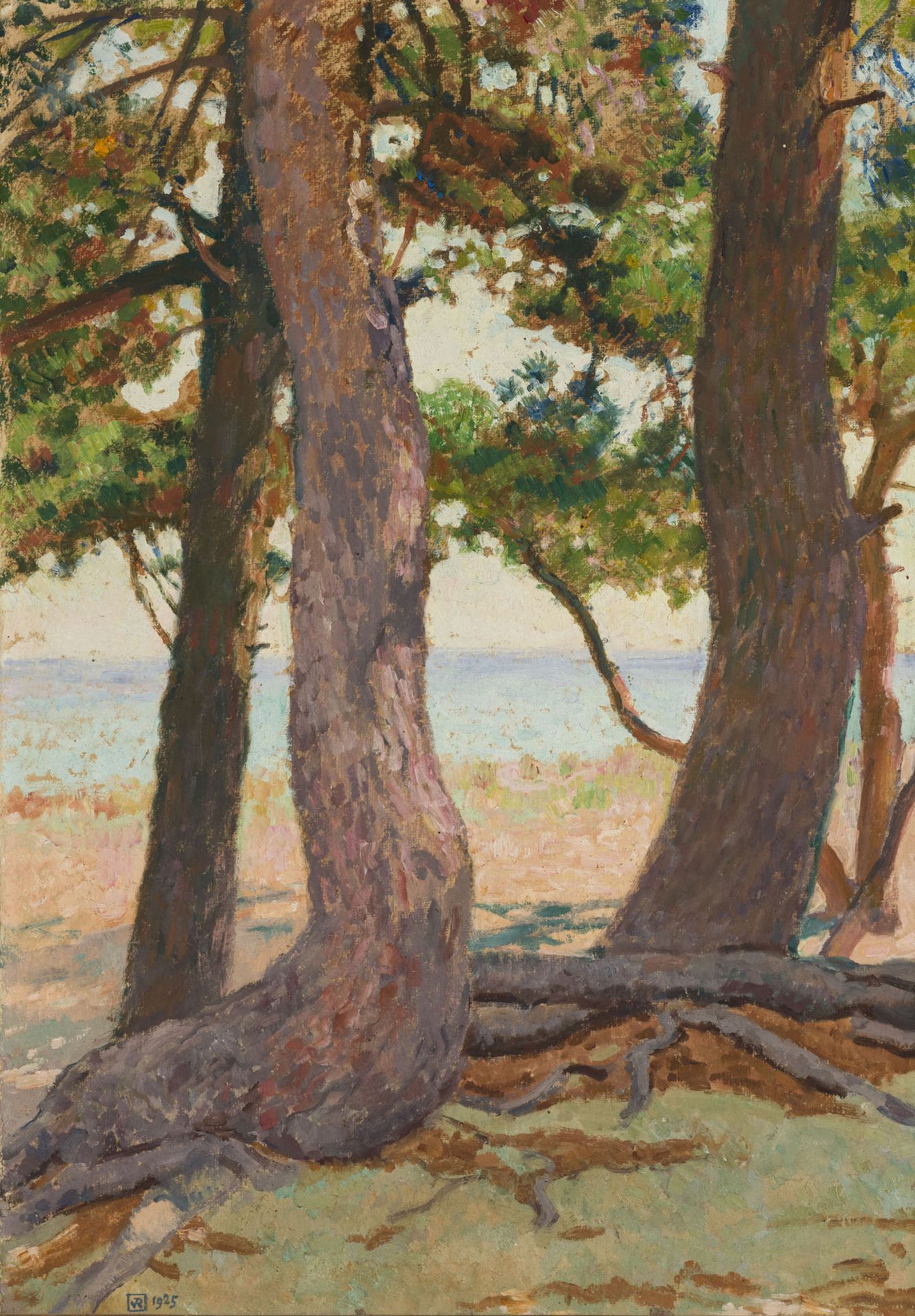 Null Théo Van Rysselberghe (1862-1926), Trois pins, 1925, huile sur carton, mono&hellip;