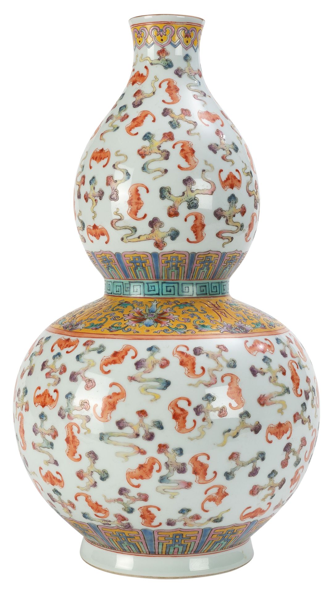 Null Vase de forme double gourde en porcelaine, Chine, XXe s., décor de chauves-&hellip;