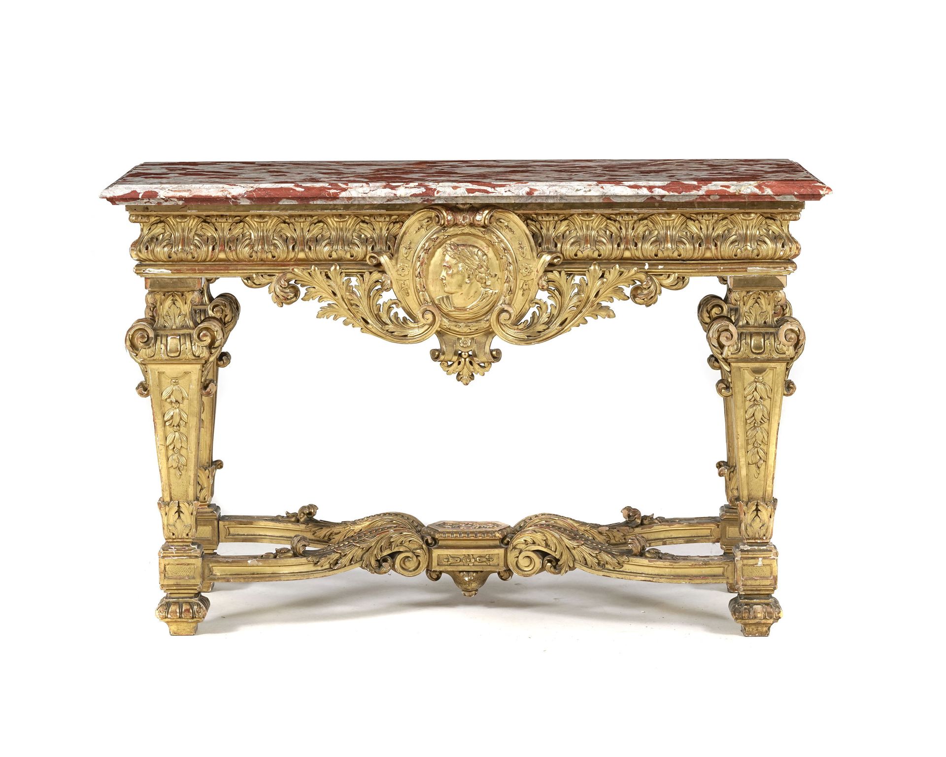 Null Table console de style Louis XIV, XIXe s., en bois doré et richement sculpt&hellip;