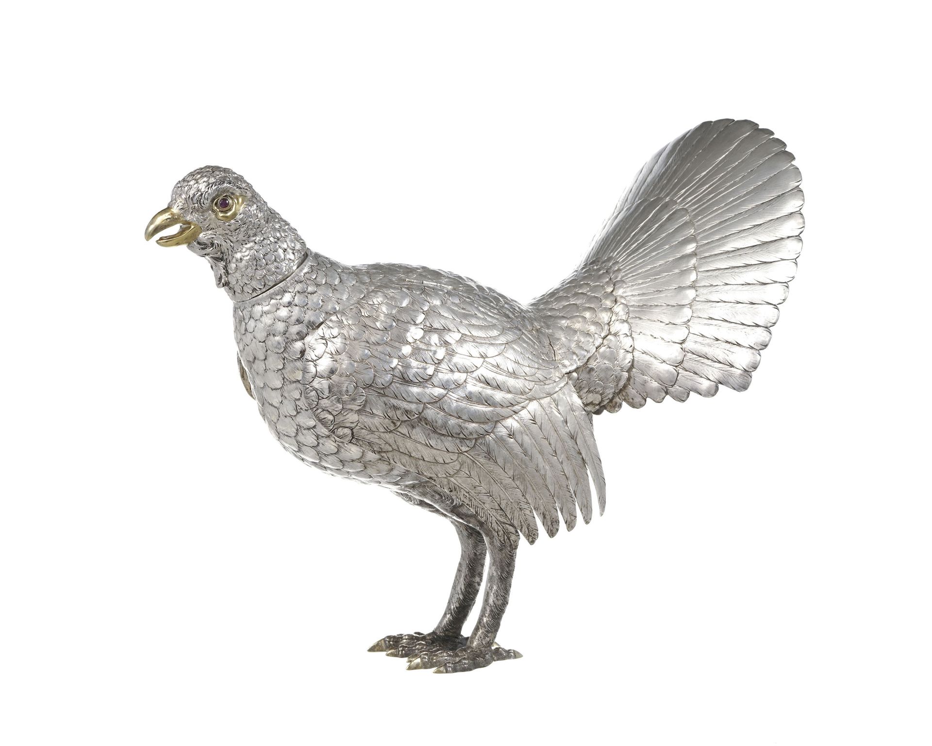 Null Grand coq de Bruyère en argent et vermeil 800, Allemagne, XXe. H. 35,5 cm, &hellip;