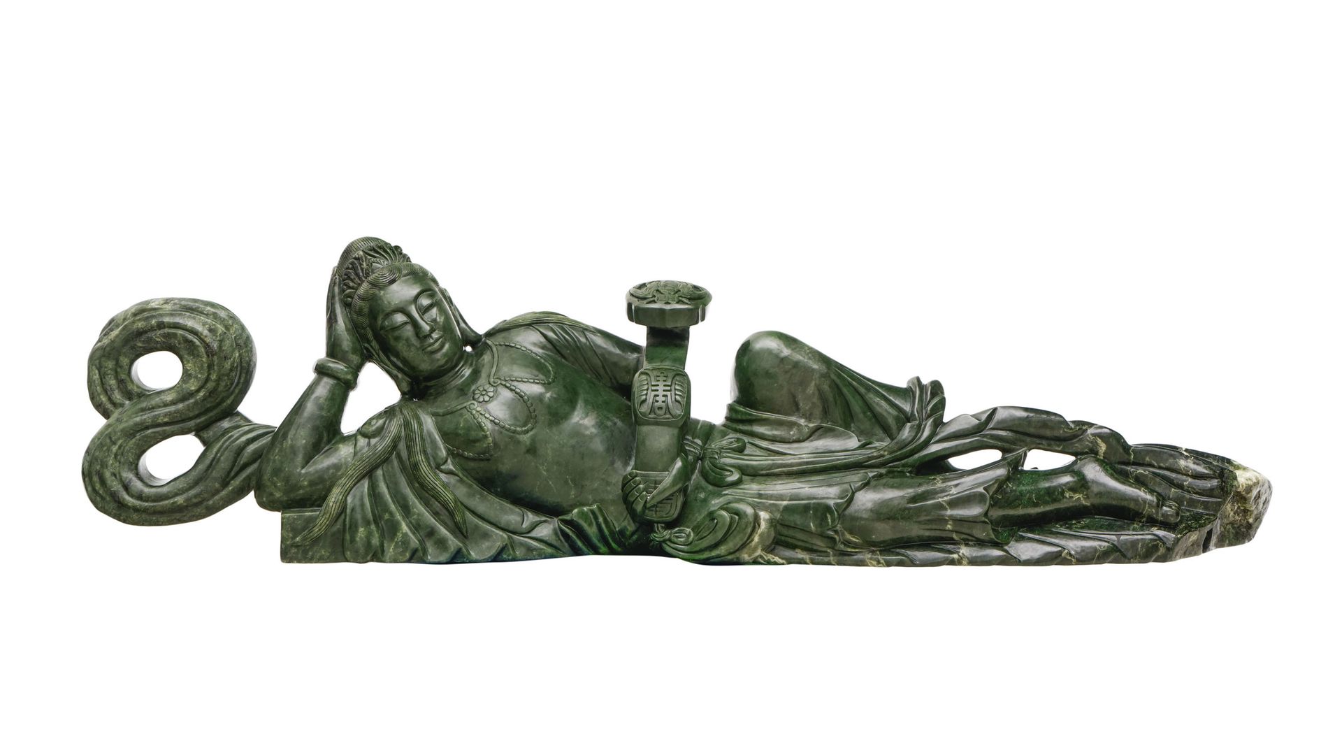 Null Monumentale Guanyin allongée, sculpture en jade, Chine, XXe s., le Bodhisat&hellip;