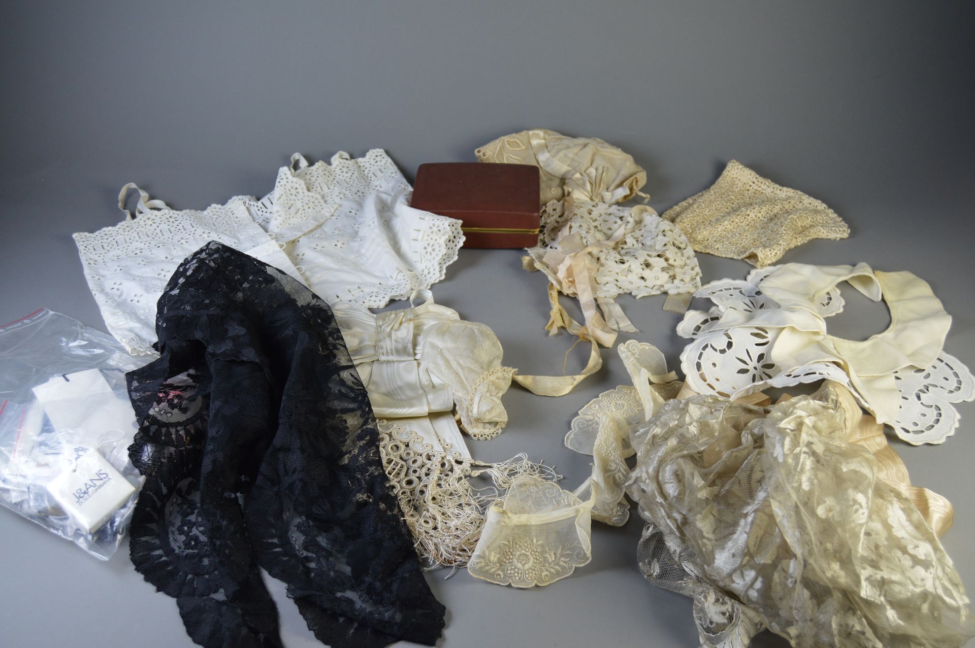 Null 一批古董纽扣、头饰和服装，包括 ： 
- 一套纽扣 
- 蕾丝围裙 
- 黑色蕾丝围巾 
- 三顶钩编、蕾丝、刺绣和薄纱的帽子 
- 三个领子
- 一&hellip;