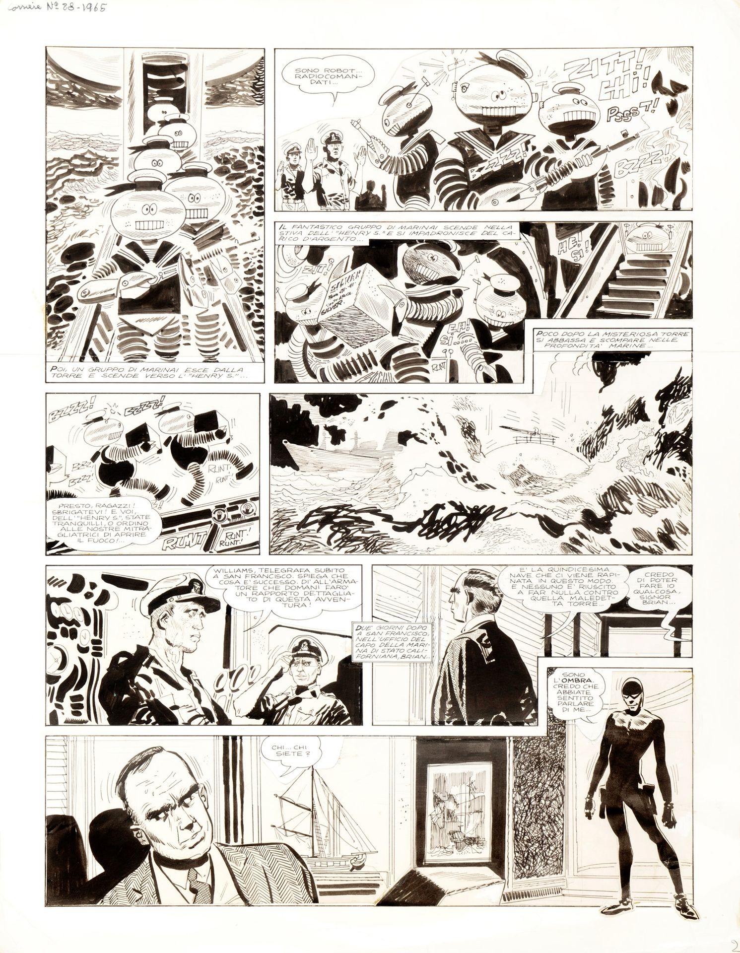 HUGO PRATT L'Ombra, 1965

铅笔和墨水在重新安装的薄纸板上
45 x 58 cm
普拉特为 "L'Ombra "做的原创漫画艺术，发表在&hellip;