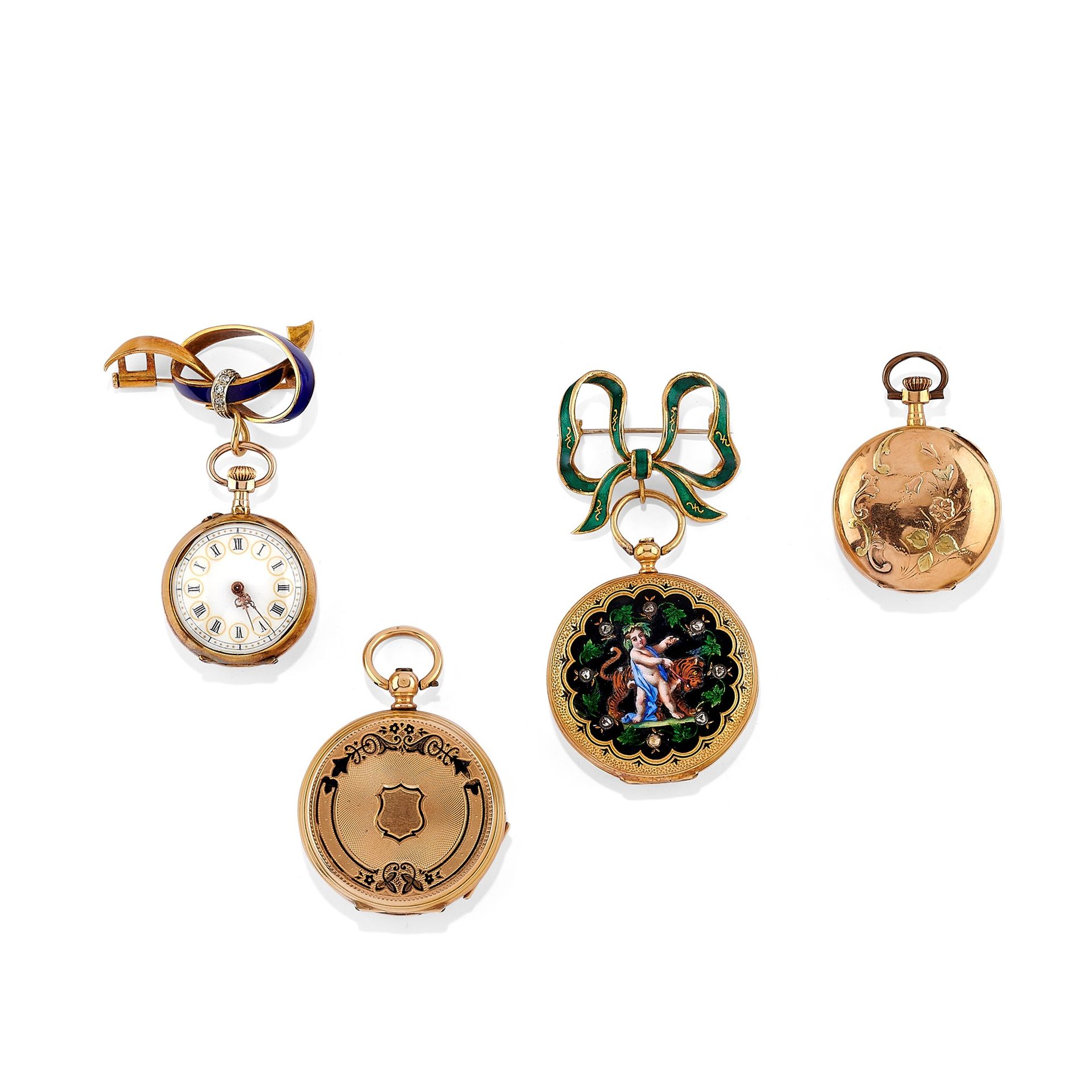Null Quatre montres de poche en or jaune 18K, émail et diamants, défauts


Poids&hellip;