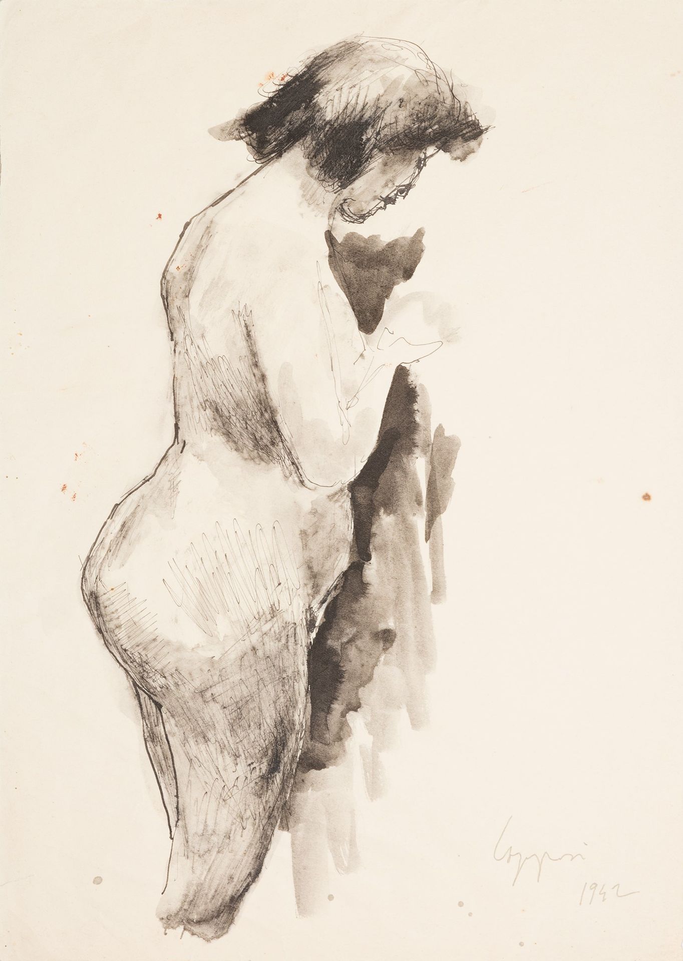 GIUSEPPE CAPOGROSSI 女性侧面裸体，1942年

瓷器墨水和蛋彩纸
35 x 25.2 cm
右下方签名：Capogrossi 1942

物&hellip;
