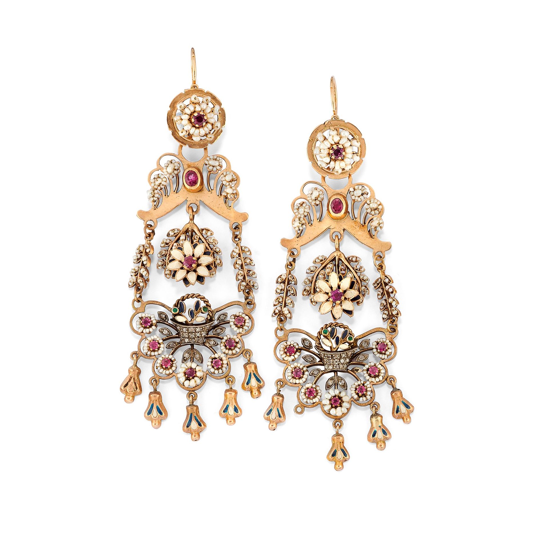 Null Boucles d'oreilles pendantes en or jaune 12k, perles, émail, émeraudes, rub&hellip;