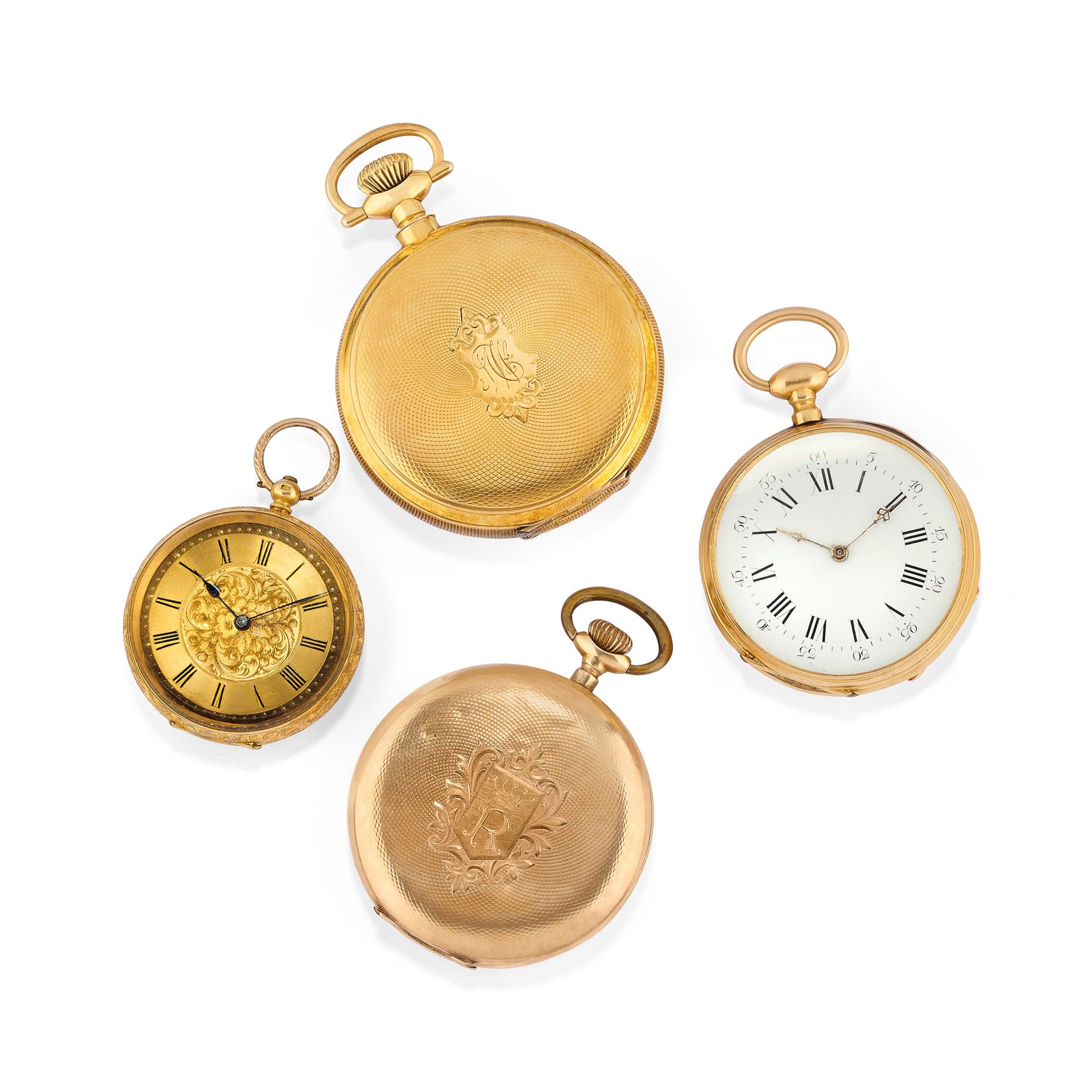 Four 12k, 14k and 18k gold pocket watches, defects 
 Weight g 248,50 diametri mm&hellip;