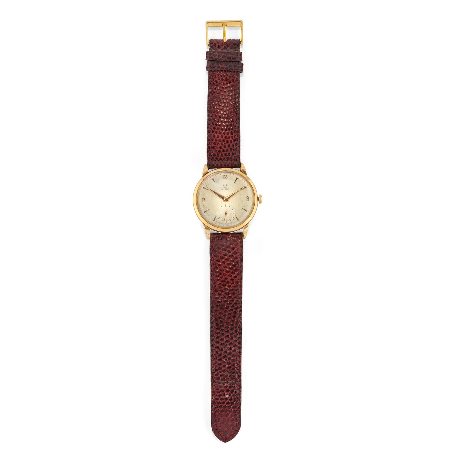 OMEGA 一块18K黄金腕表，欧米茄，缺陷


 

镀金表带和斑纹表盘

 

重量g 39.70 直径mm 35.00