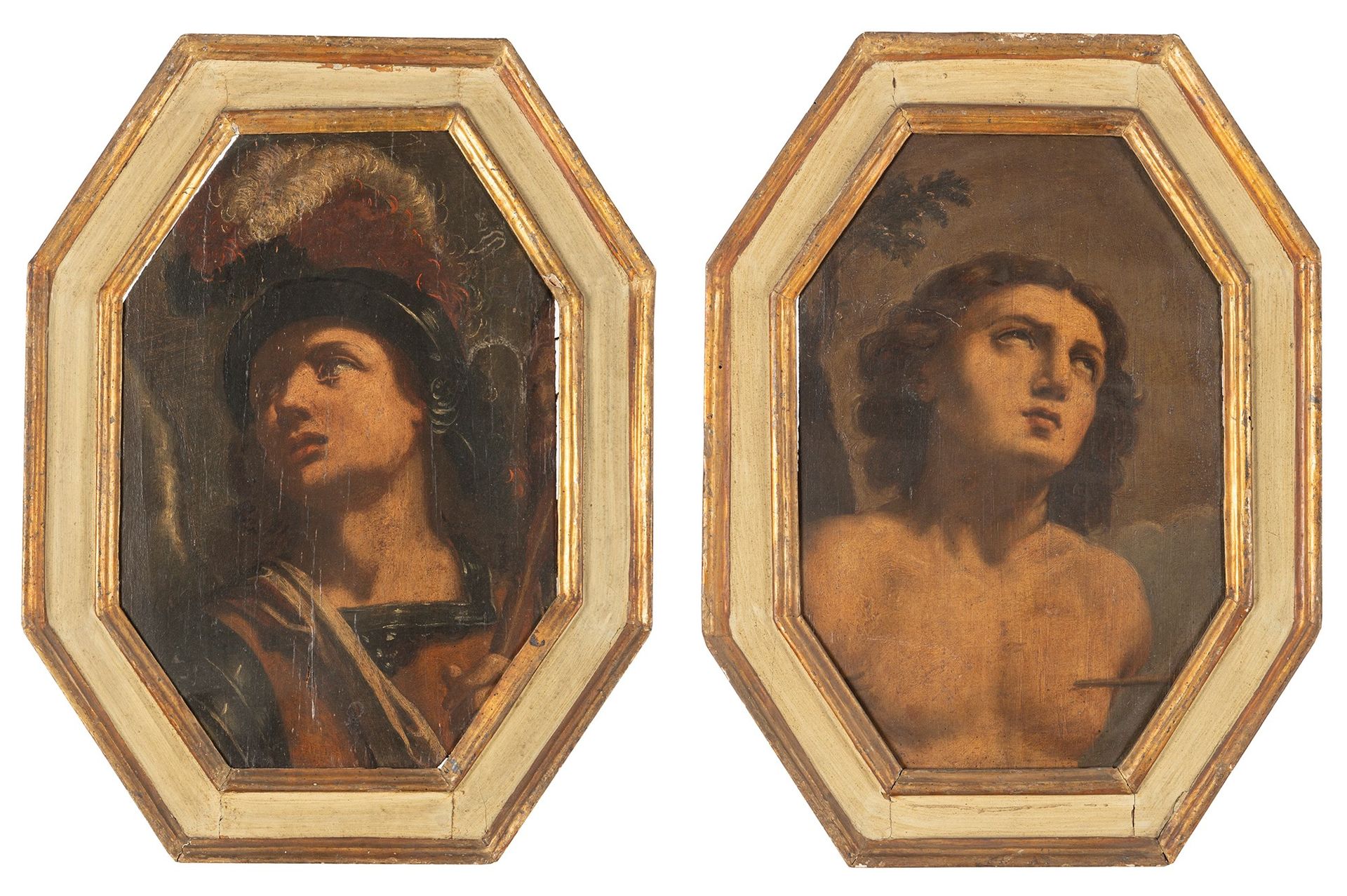 Scuola italiana, secolo XVII 大天使圣米迦勒；和圣塞巴斯蒂安

八角形面板上的油画
41 x 27 cm (每个)
 

两者的背面&hellip;