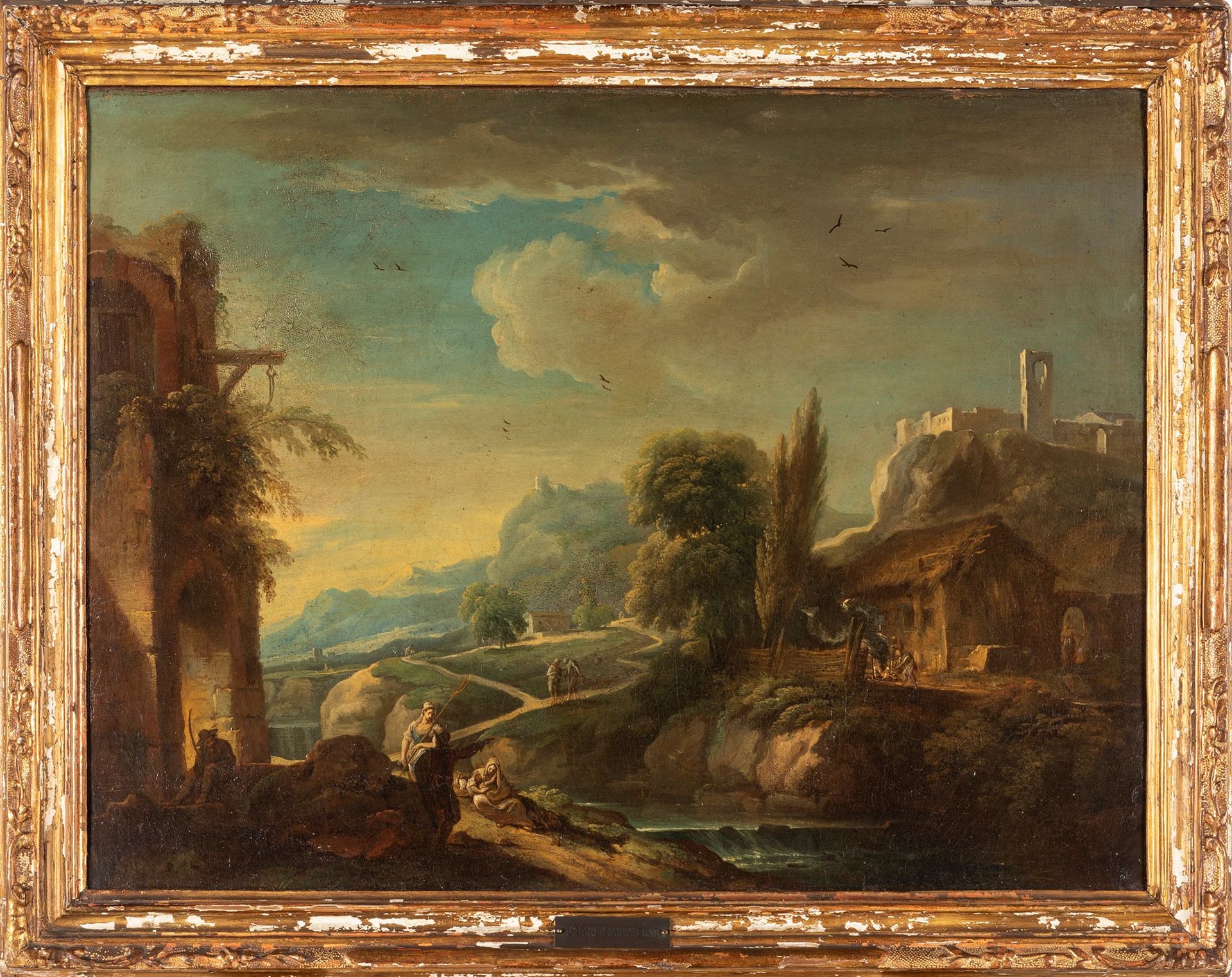 Scuola veneta, secolo XVIII Paysage avec des voyageurs au bord d'une rivière, ru&hellip;