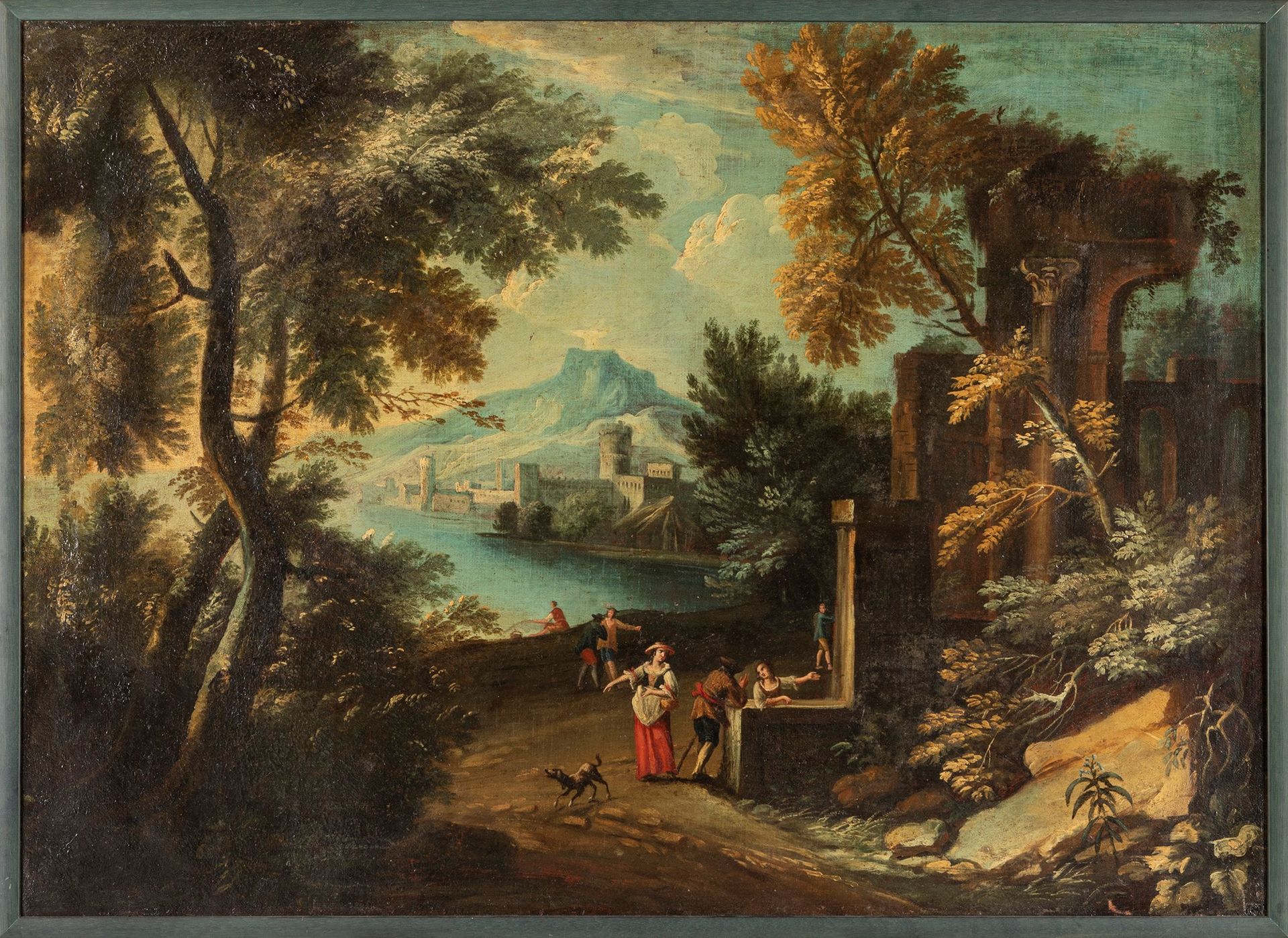 Scuola veneta, fine secolo XVIII - inizi secolo XIX 河流风景与停泊的旅行者，背景是城堡

布面油画
76.5&hellip;